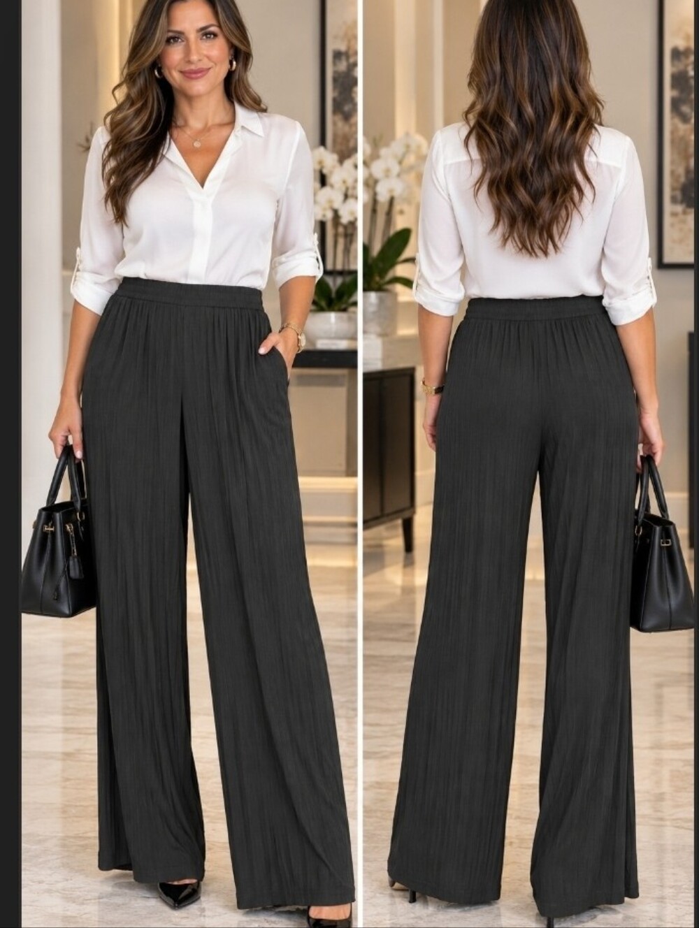 Women’s Wide-Leg Elastic Waist Pants - Charcoal Gray